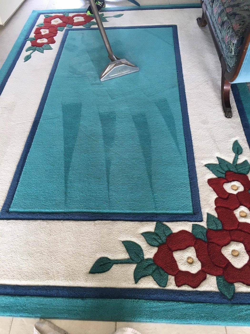Floral wool area rug being steam cleaned