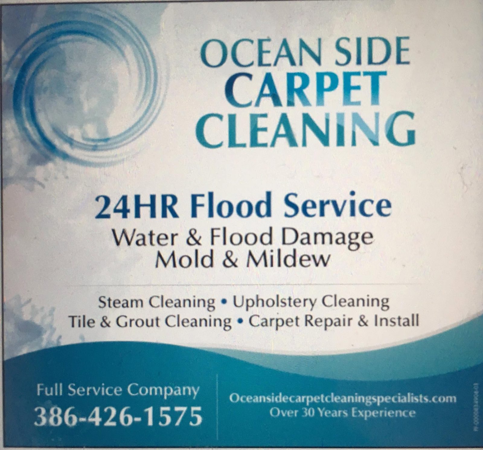 Oceanside Carpet Cleaning 24-hour flood service promotional card